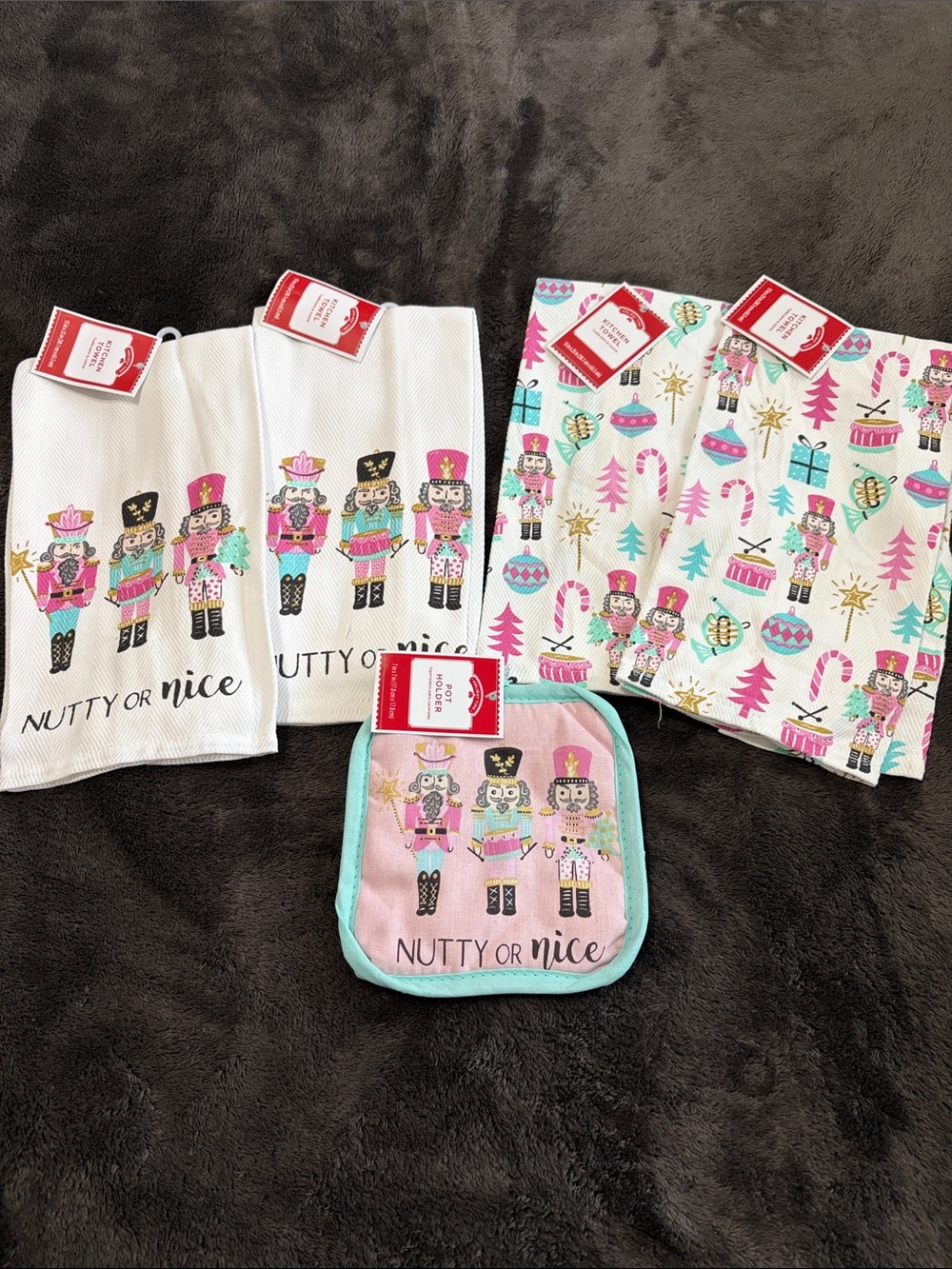 Walmart Holiday Time Nutcracker hand towels and pot holder
